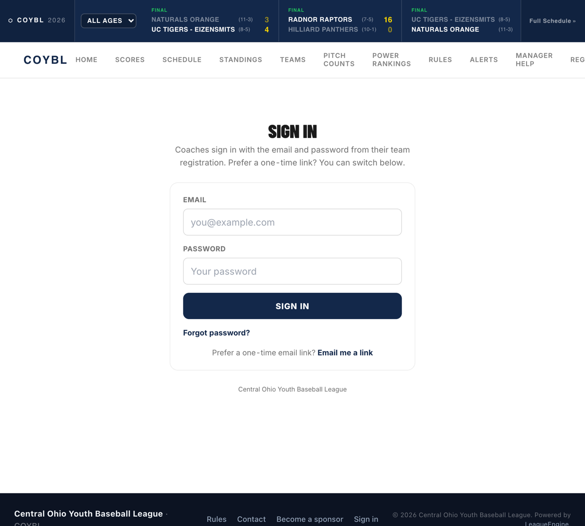 The COYBL sign-in page