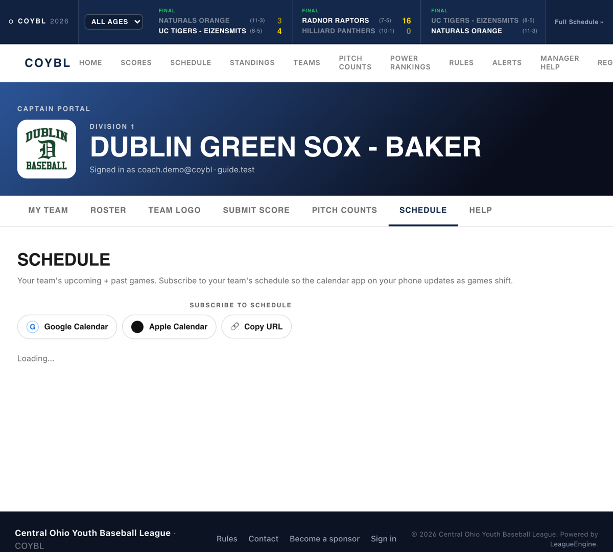 The schedule tab with calendar subscribe buttons